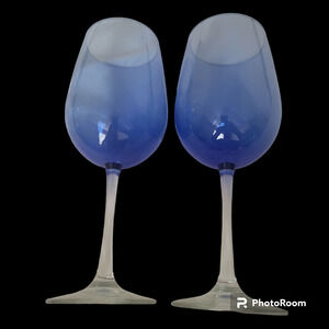 Set of Two Wine or Water Glasses Hand Blown 9 inches Tall Blue Tint